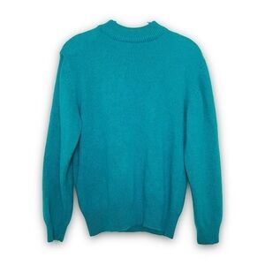 VINTAGE 80s Angora & Wool Teal Fuzzy Knit Mockneck Rib Trim Pullover Sweater S‎